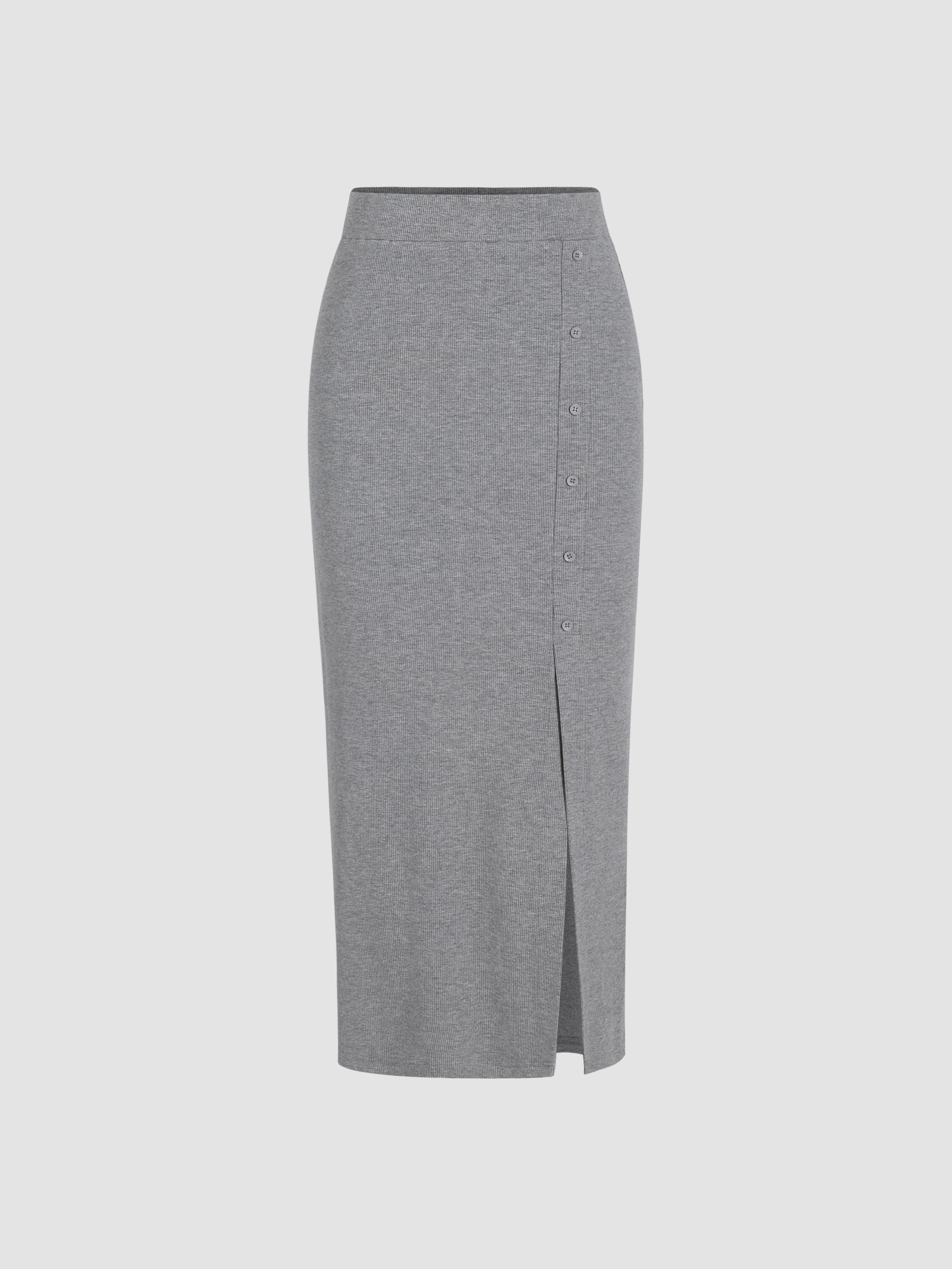 Solid Button Detail Slit Skirt Cider