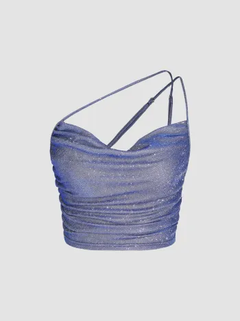 Glitzerndes geriffeltes Tank-Crop-Top mit Kragenhals
