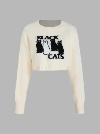 Kurzer Pullover mit Katzen-Print