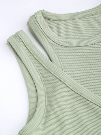 Rib Cut Out Tank Crop Top For Music Festival/Live House Exhibition Vacation