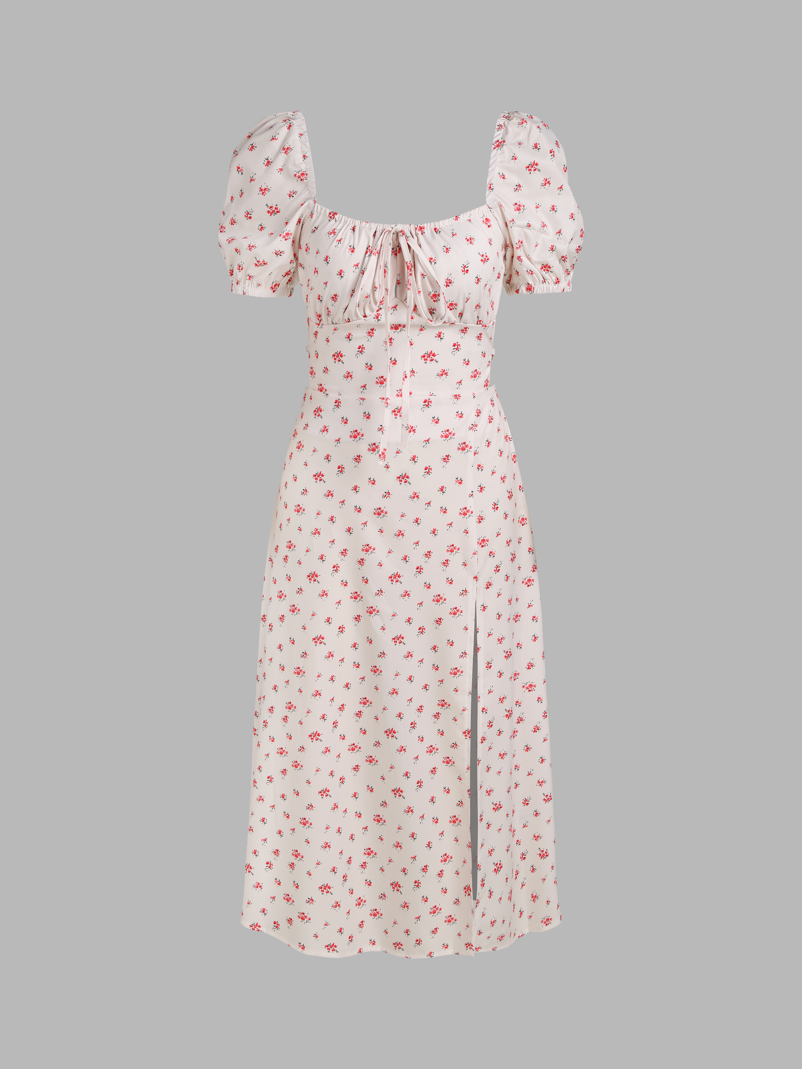 Ditsy Floral Drawstring Backless Slit Dress Cider