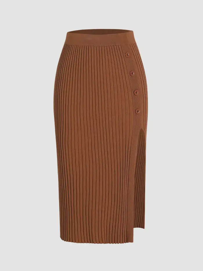 Knit Fabric Rib Knit Button Detail Split Midi Skirt For Exhibition