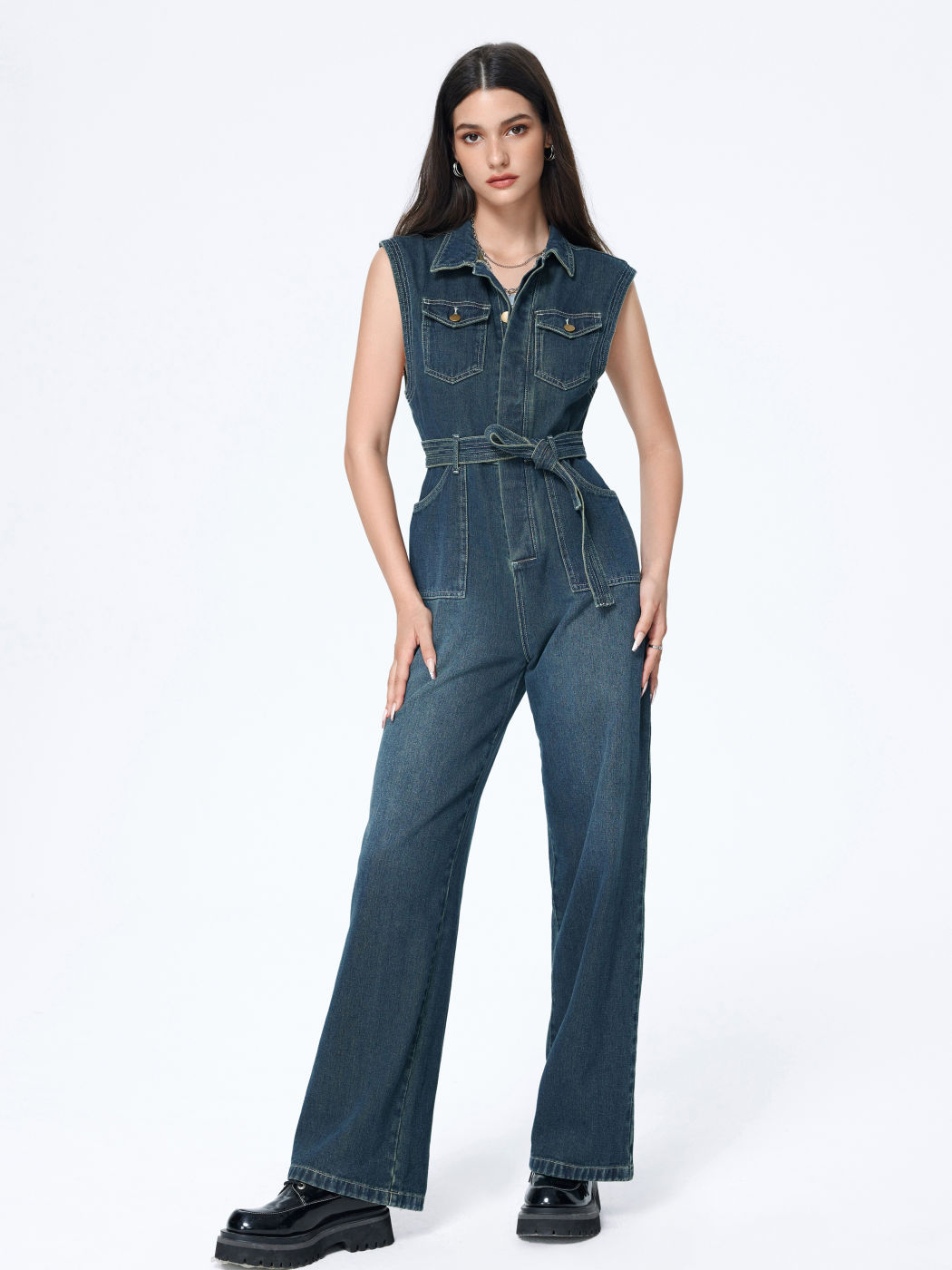 Denim Collar Jumpsuit With belt Cider