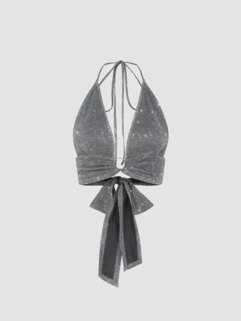 Crop Top glitterato con anello a O e senza schienale