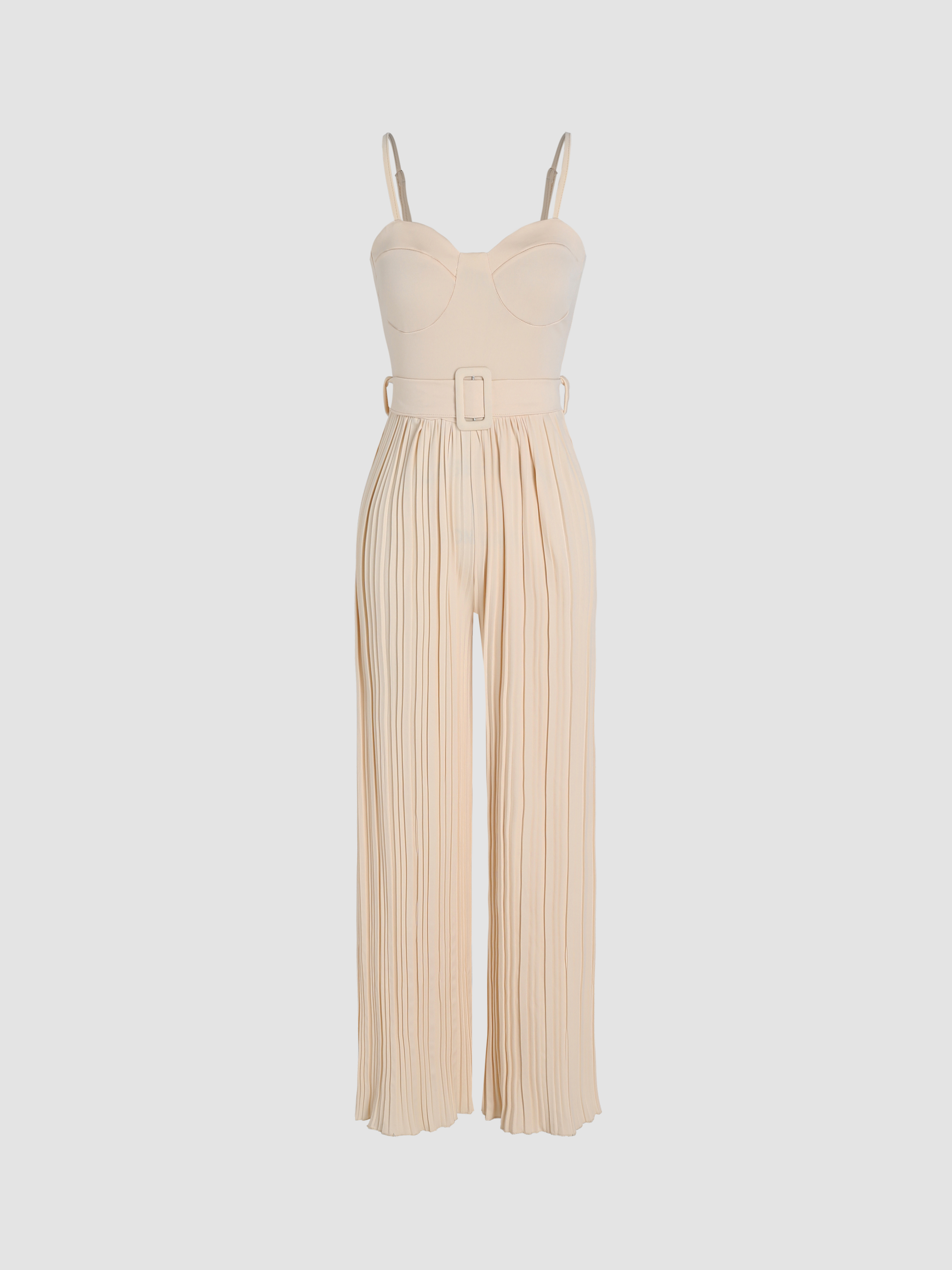 Solid Belted Pleated Jumpsuit - Cider