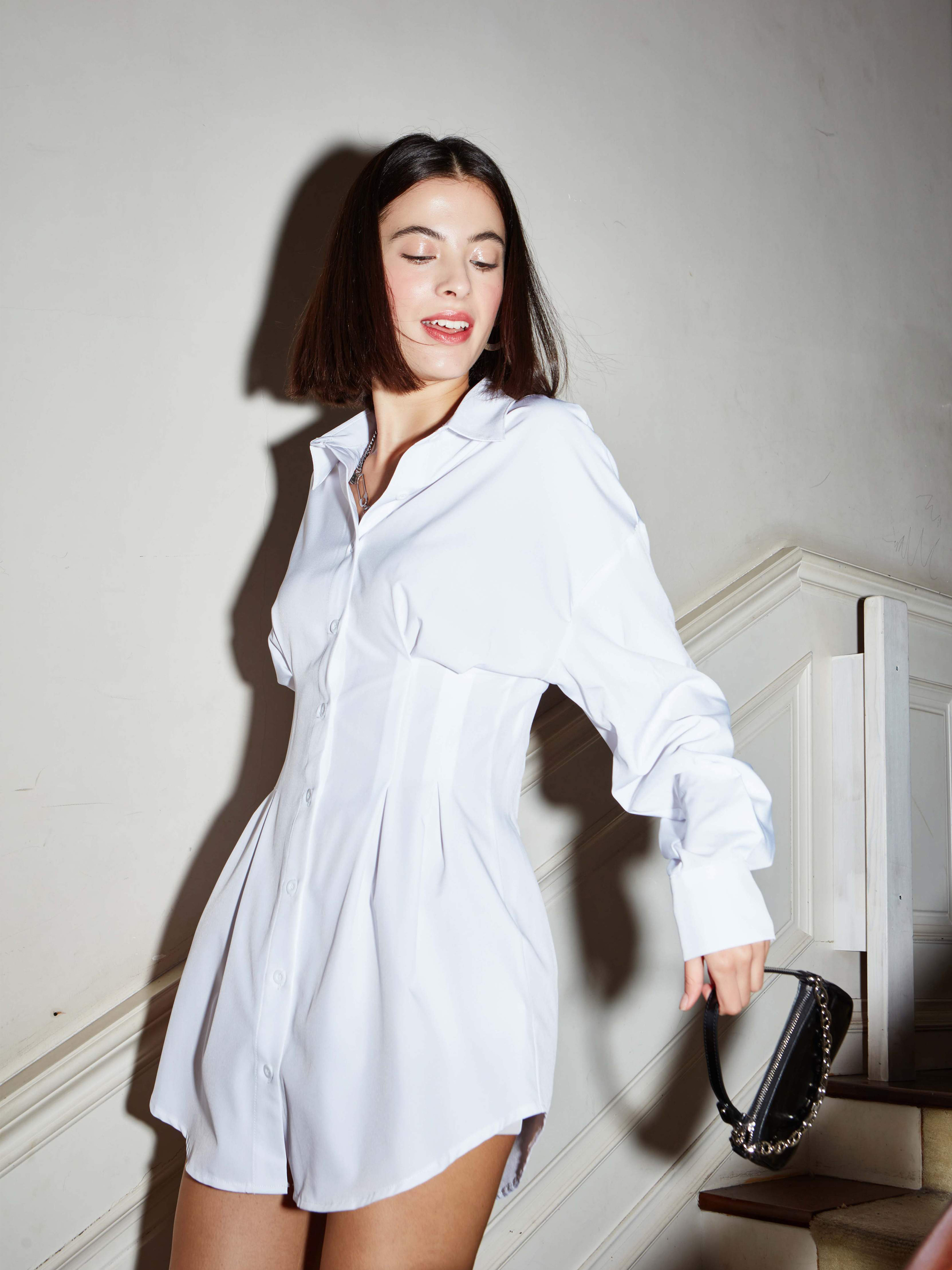 Buy White Suede Spread Collar Color Blocked Shirt Dress For Women by  B'Infinite Online at Aza Fashions.