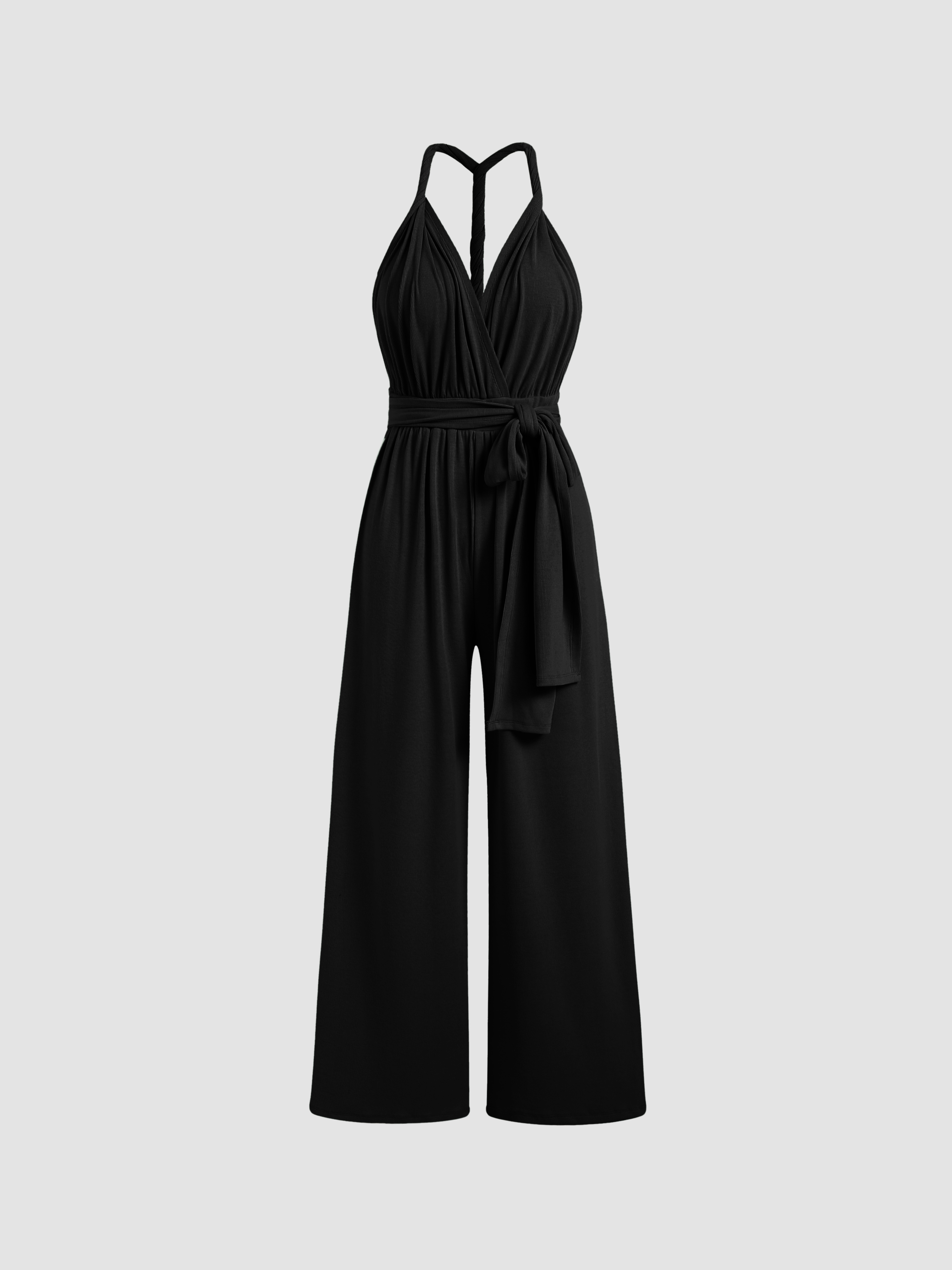Knit Fabric Solid Rib Criss Cross Knotted Jumpsuit For Daily Knit Fabric Solid Rib Criss Cross Knotted Jumpsuit For Daily