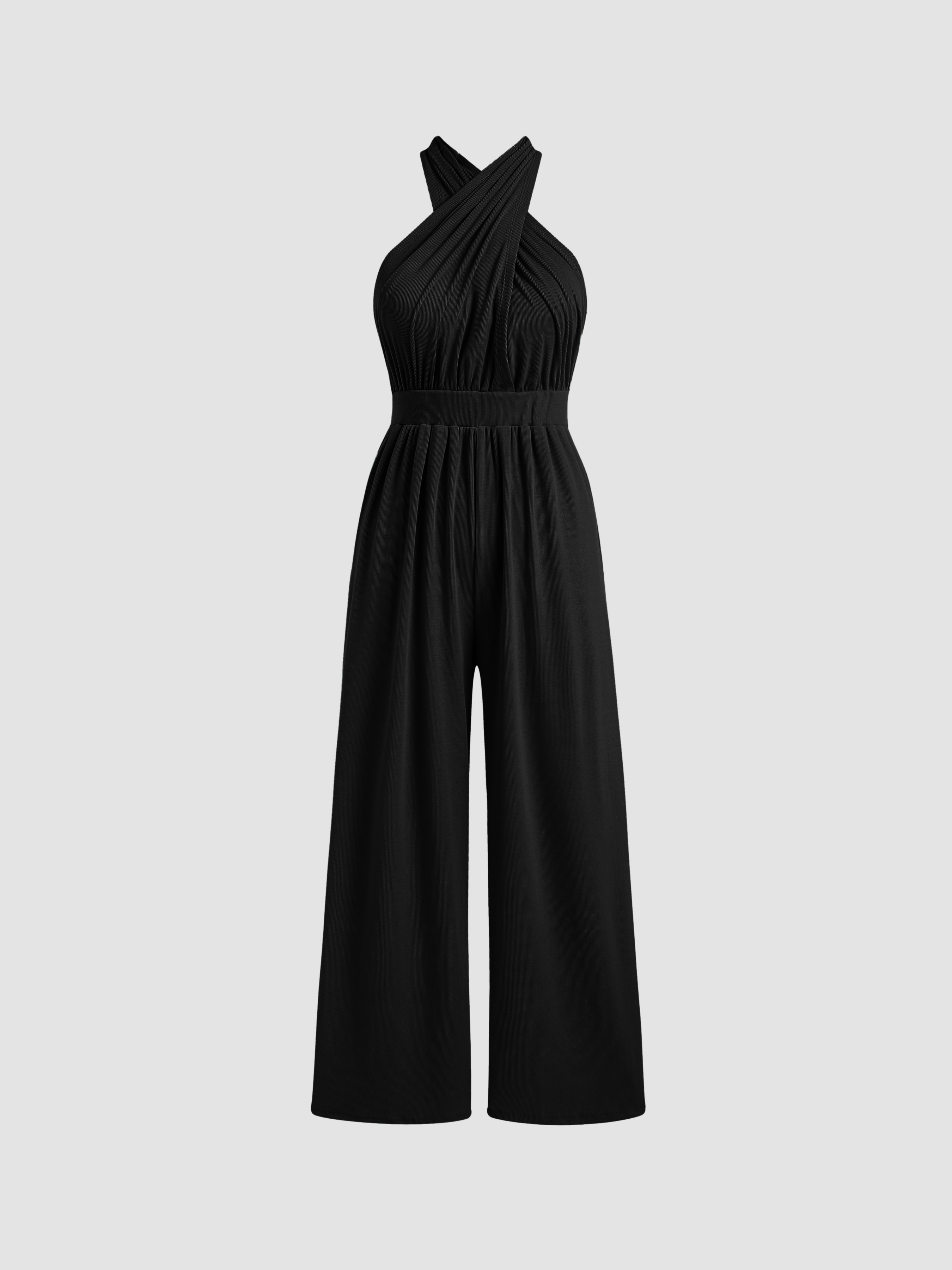 Solid Rib Criss Cross Knotted Jumpsuit For Daily Casual