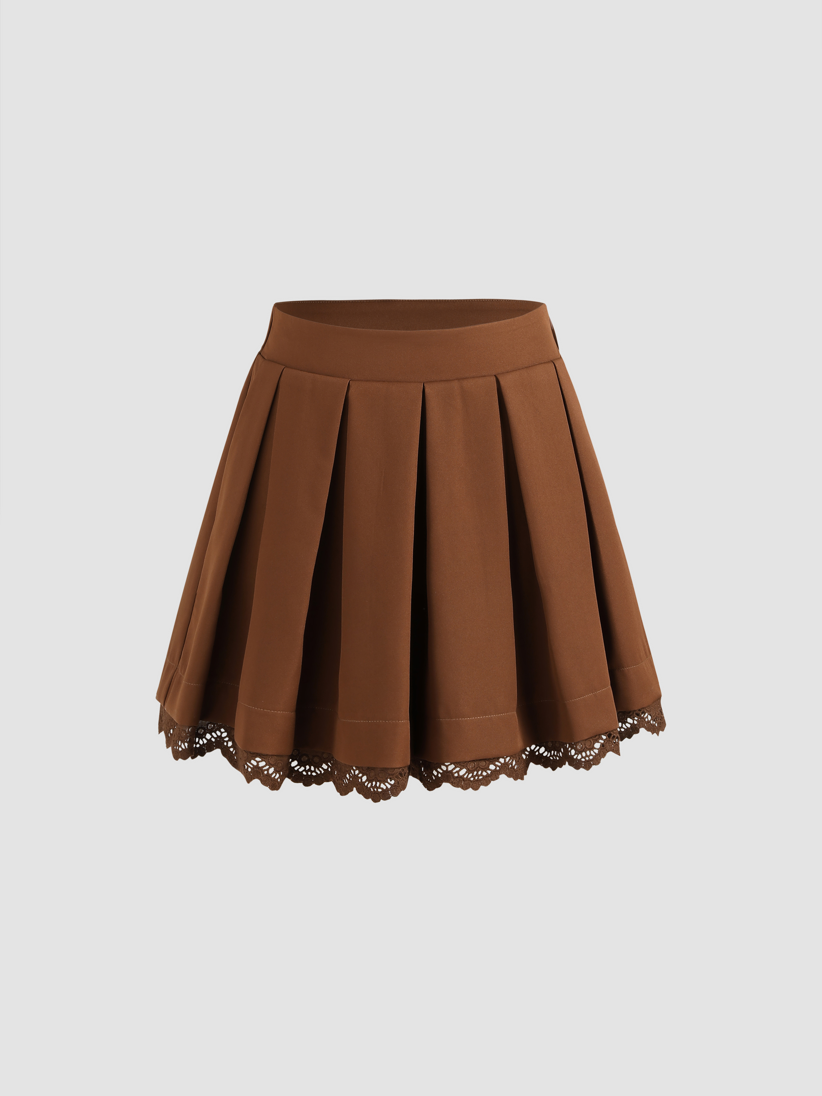 Solid Lace Trim Pleated Skirt - Cider
