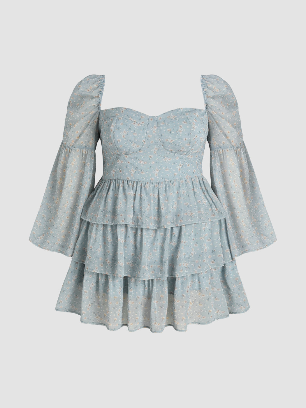 Mehrlagiges Minikleid mit Blumenmuster und langen Ärmeln Kurve & Plus