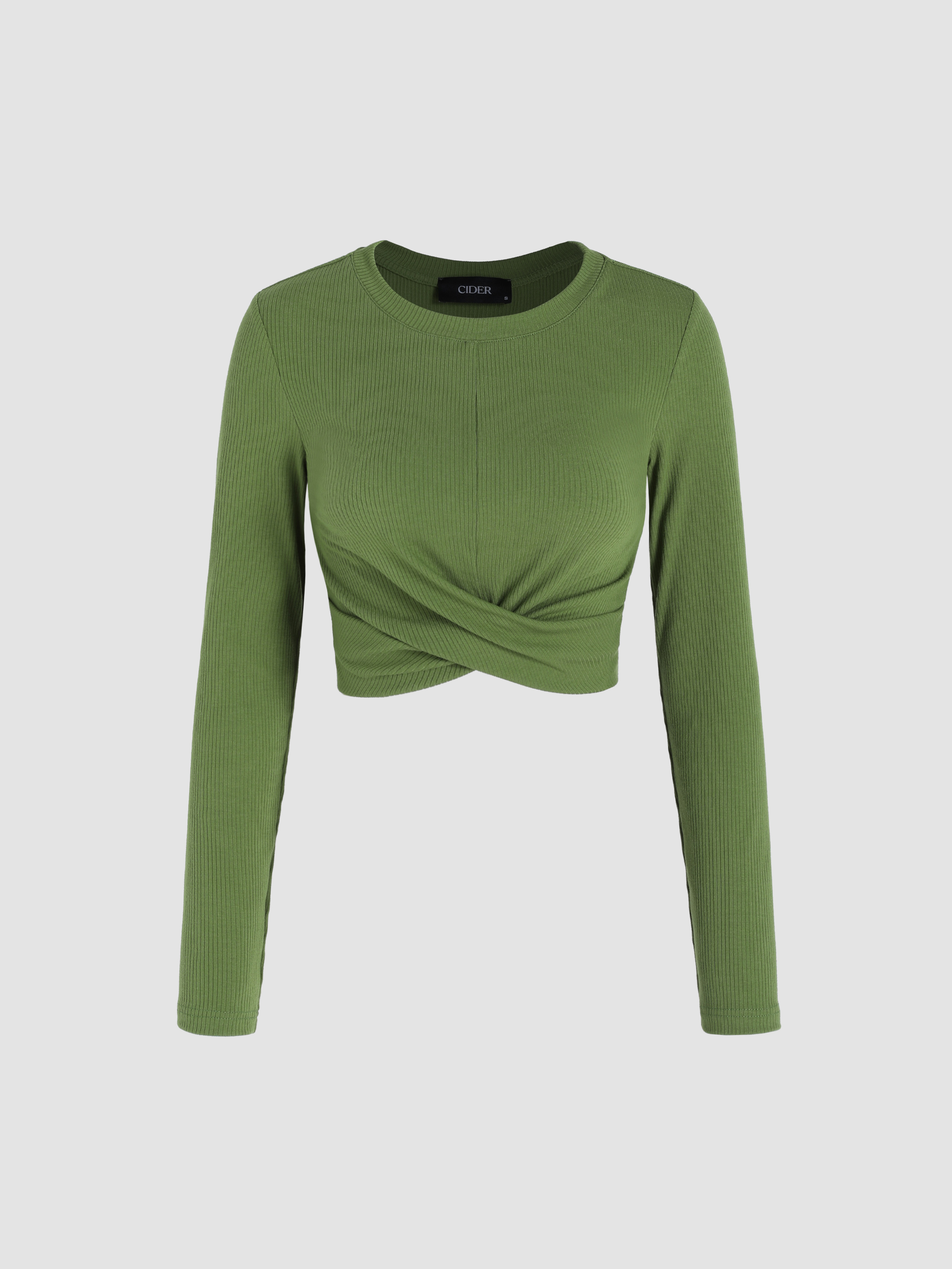 Recycled Fabric Solid Twist Long Sleeve Crop Top - Cider