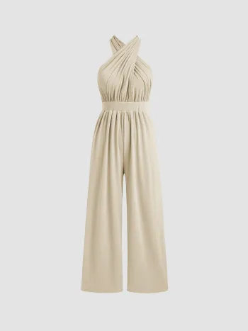 Solid Rib Criss Cross Knotted Jumpsuit