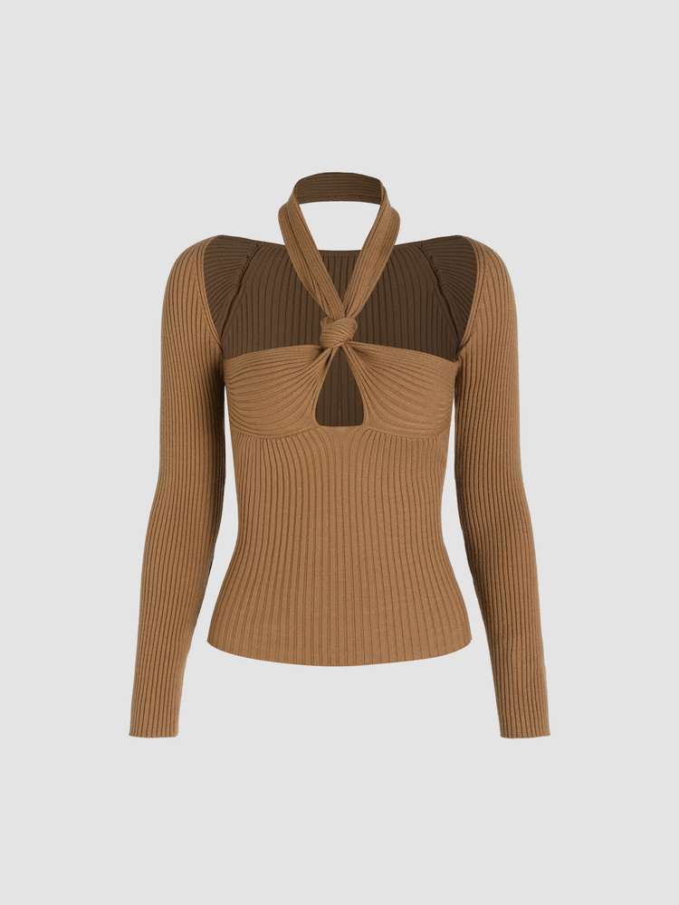 Rib Knit Knotted Halter Top Cider