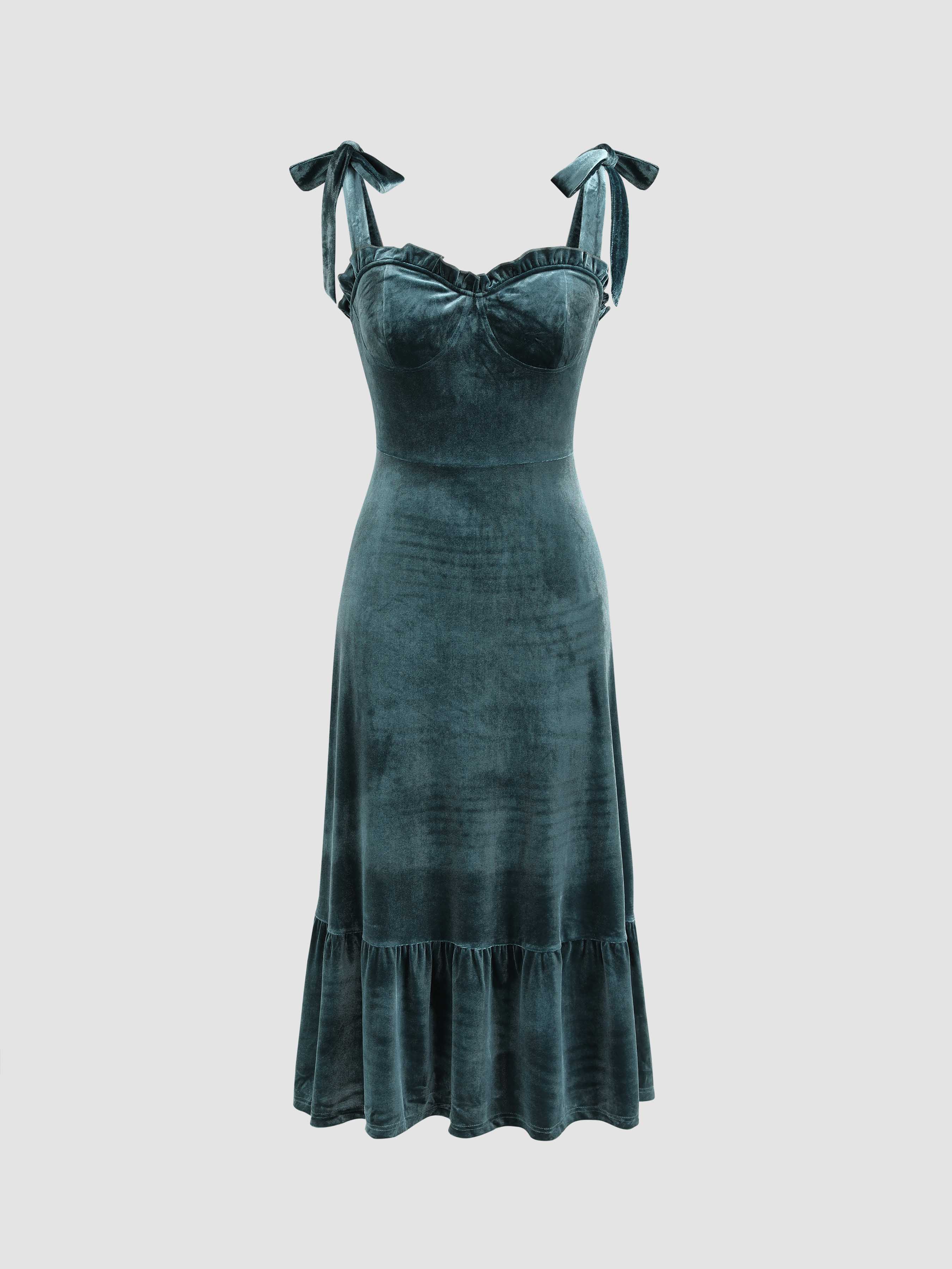 Tie Shoulder Velvet Ruffle Maxi Dress Cider