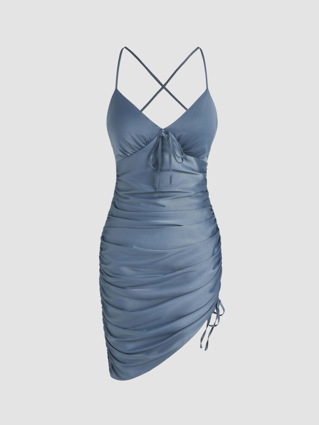 Rückenfreies, asymmetrisches Kleid mit Rüschen und Kordelzug