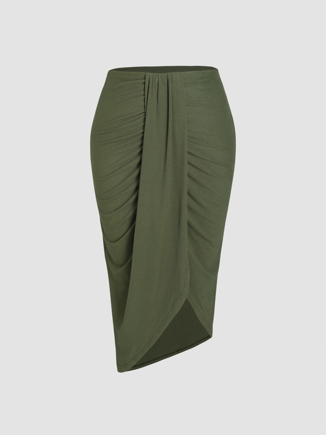 Rib Solid Ruched Slit Midi Skirt Curve & Plus