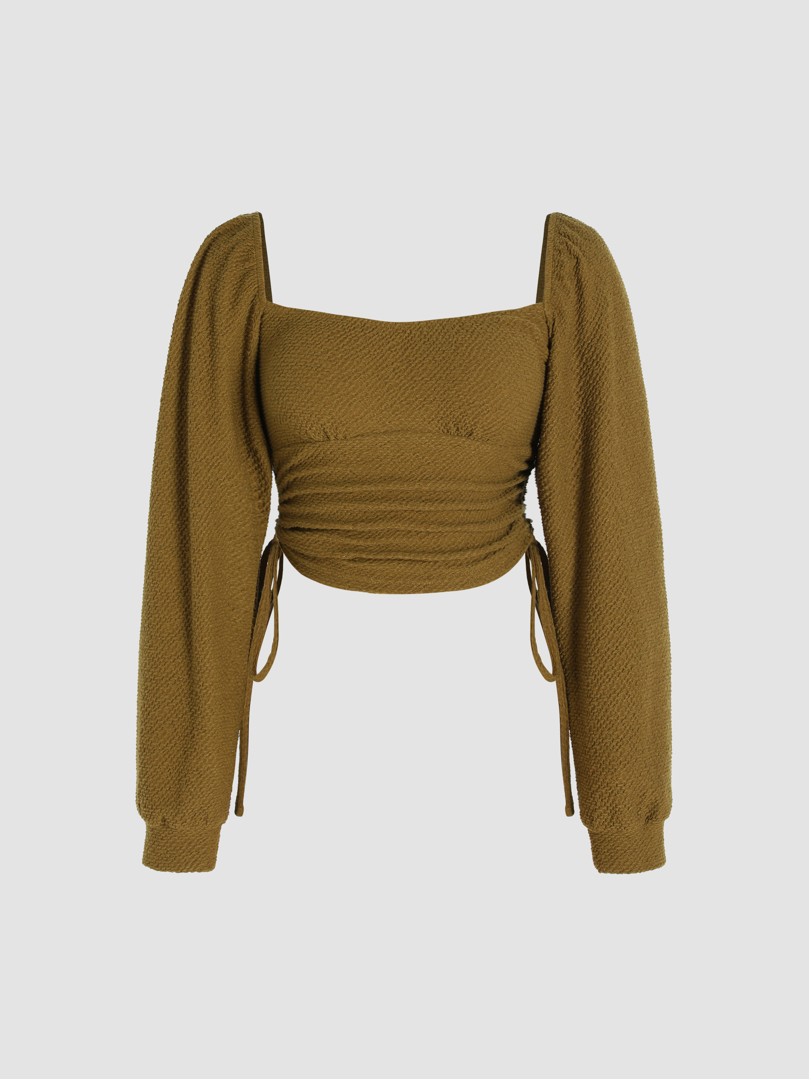 Texture Drawstring Long Sleeve Crop Top - Cider