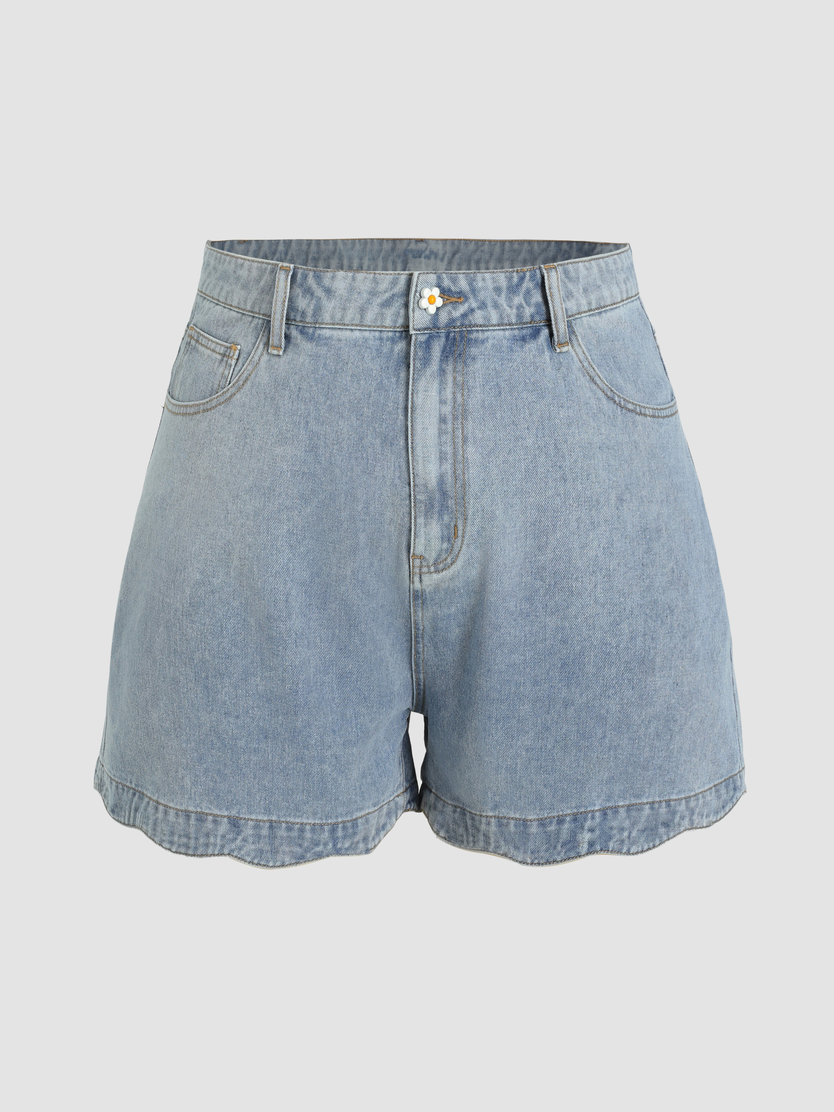 Curve & Plus Solid Wave Trim Jean Shorts For Daily Casual Outdoor