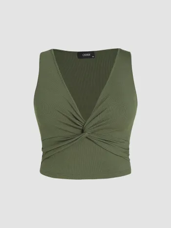 Einfarbiges Rippen-Top mit verdrehtem Vorderteil Crop Top Kurve & Plus
