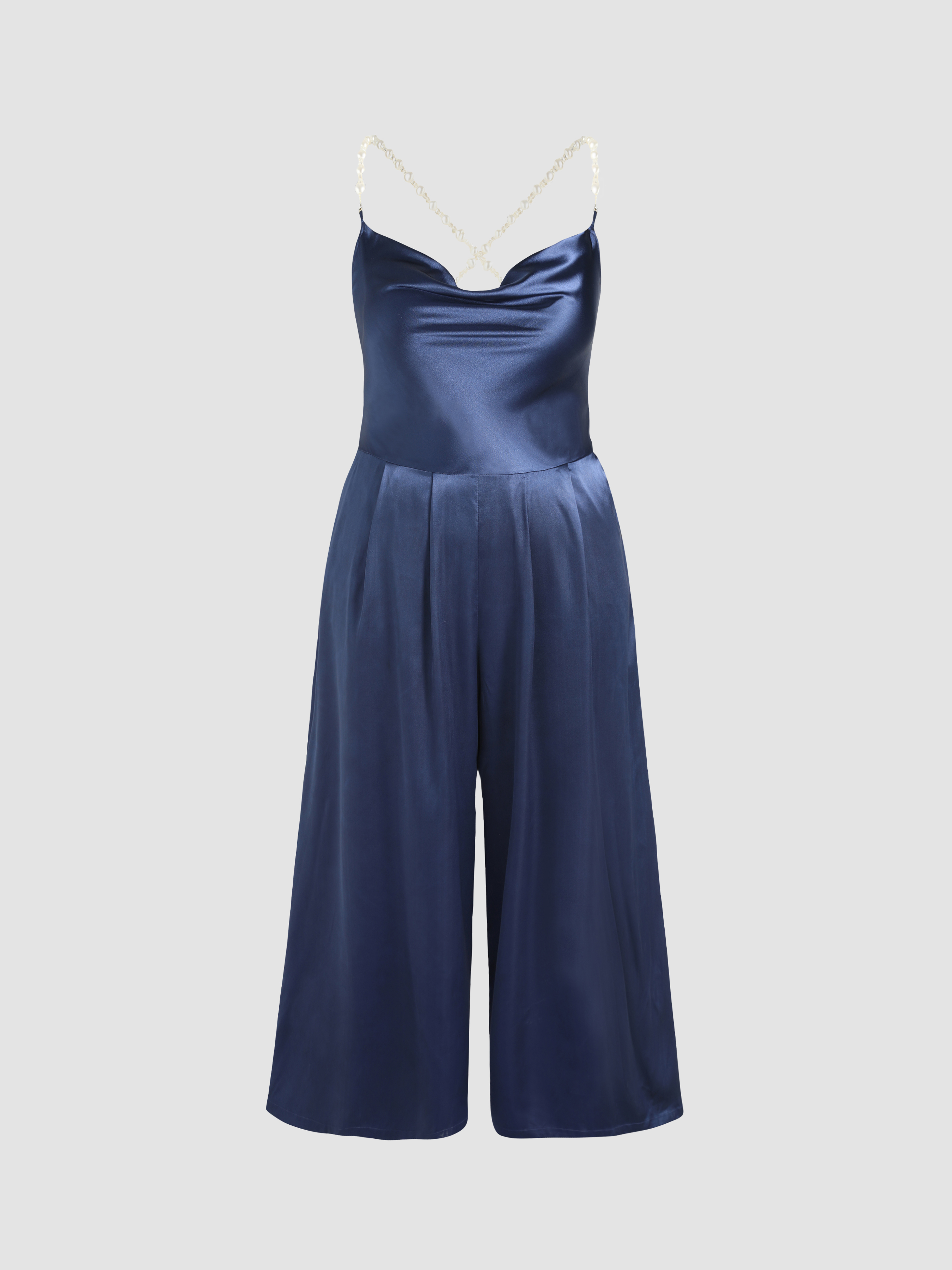 Curve & Plus Solid Satin Pearls Cowl Neck Jumpsuit - Cider