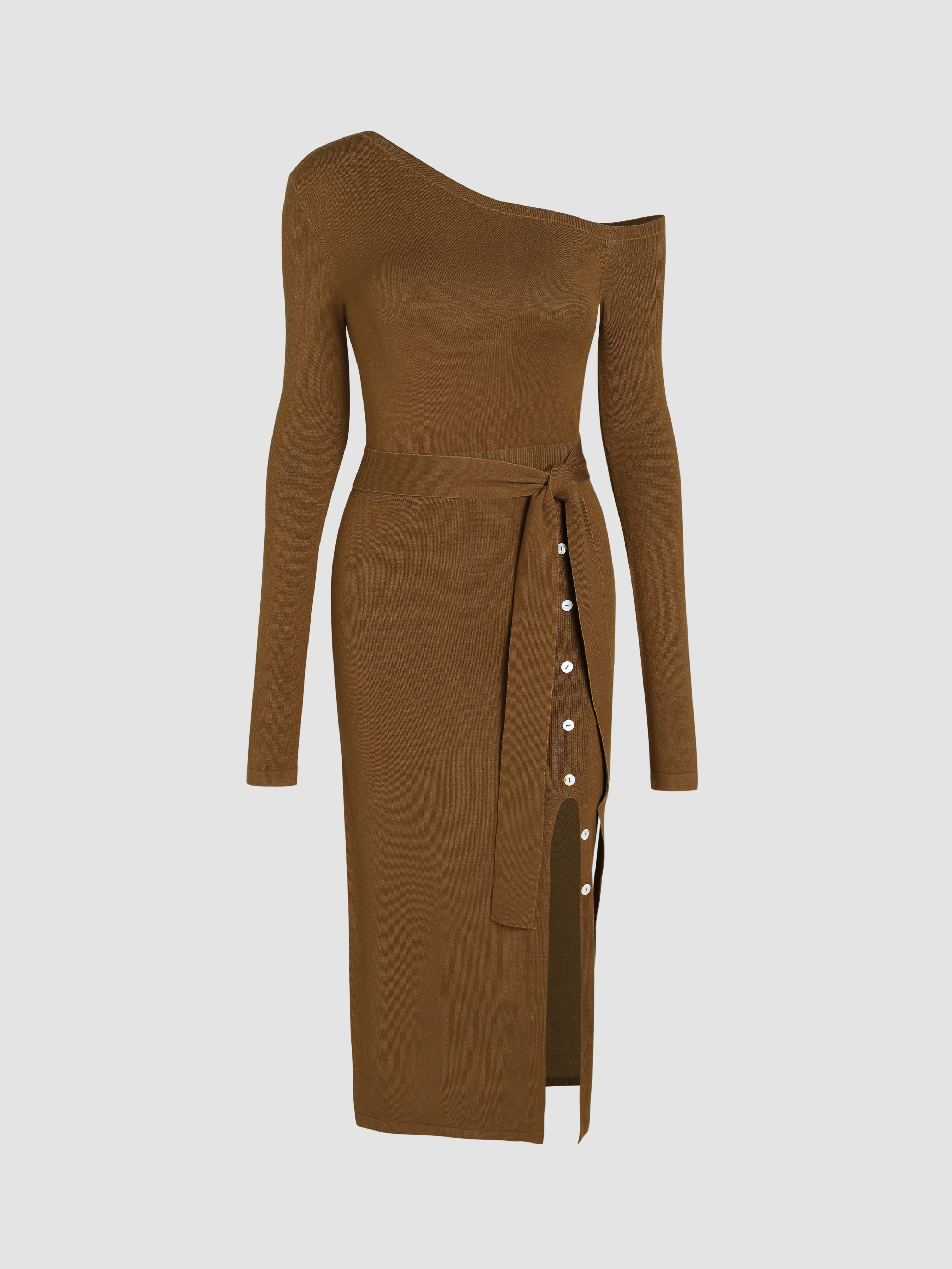 Knit Rib Solid Asymmetrical Neck Long Sleeve Dress Cider