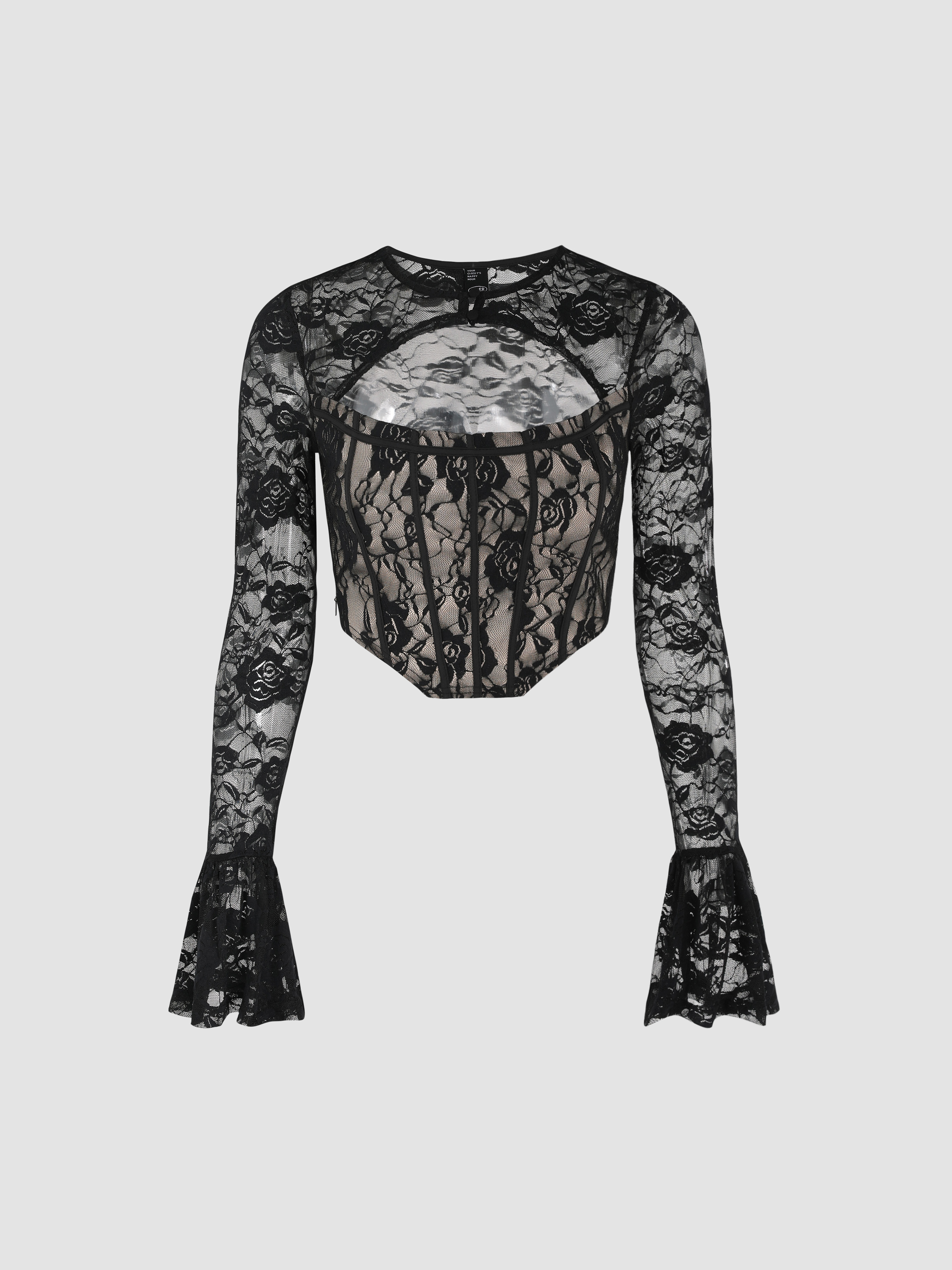 Floral Lace Cut Out Long Sleeve Corset Top - Cider