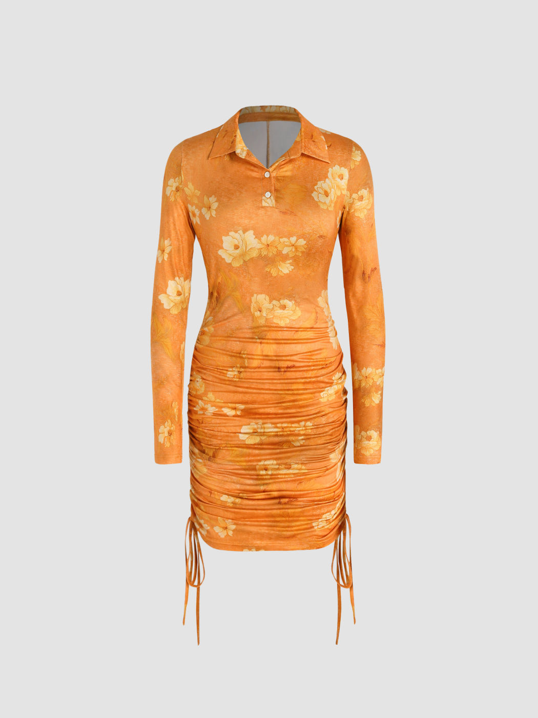 Blumenmalerei Maxikleid mit Kordelzug und langen Ärmeln