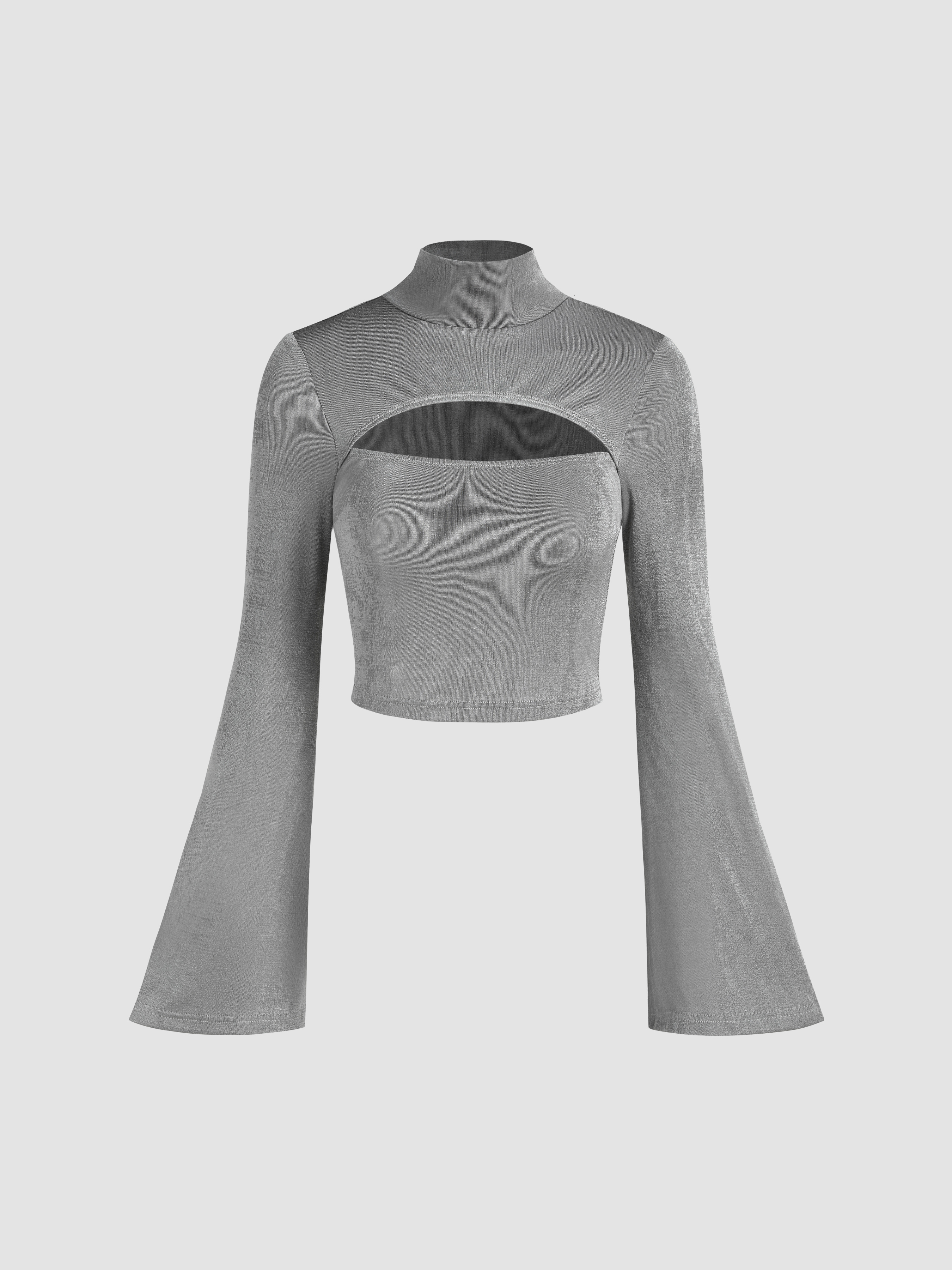 High Neck Cut Out Bell Sleeve Crop Top Cider