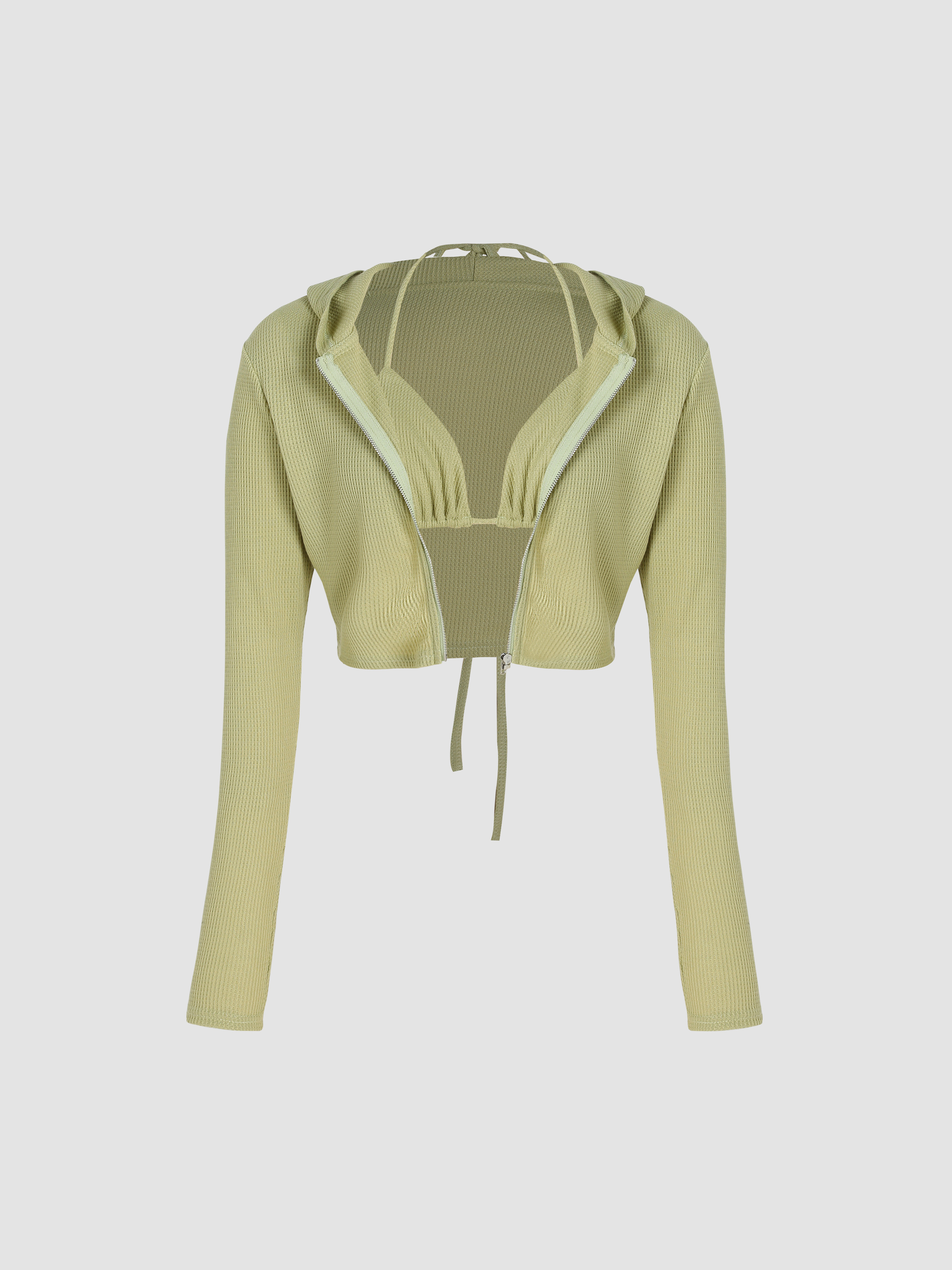 Solid Zip Up Crop Top with Bra Cider