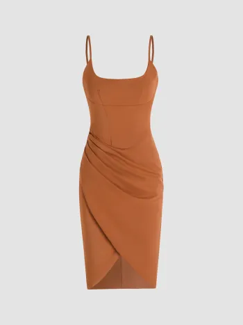 Solid Ruched Spaghetti Straps Slit Dress