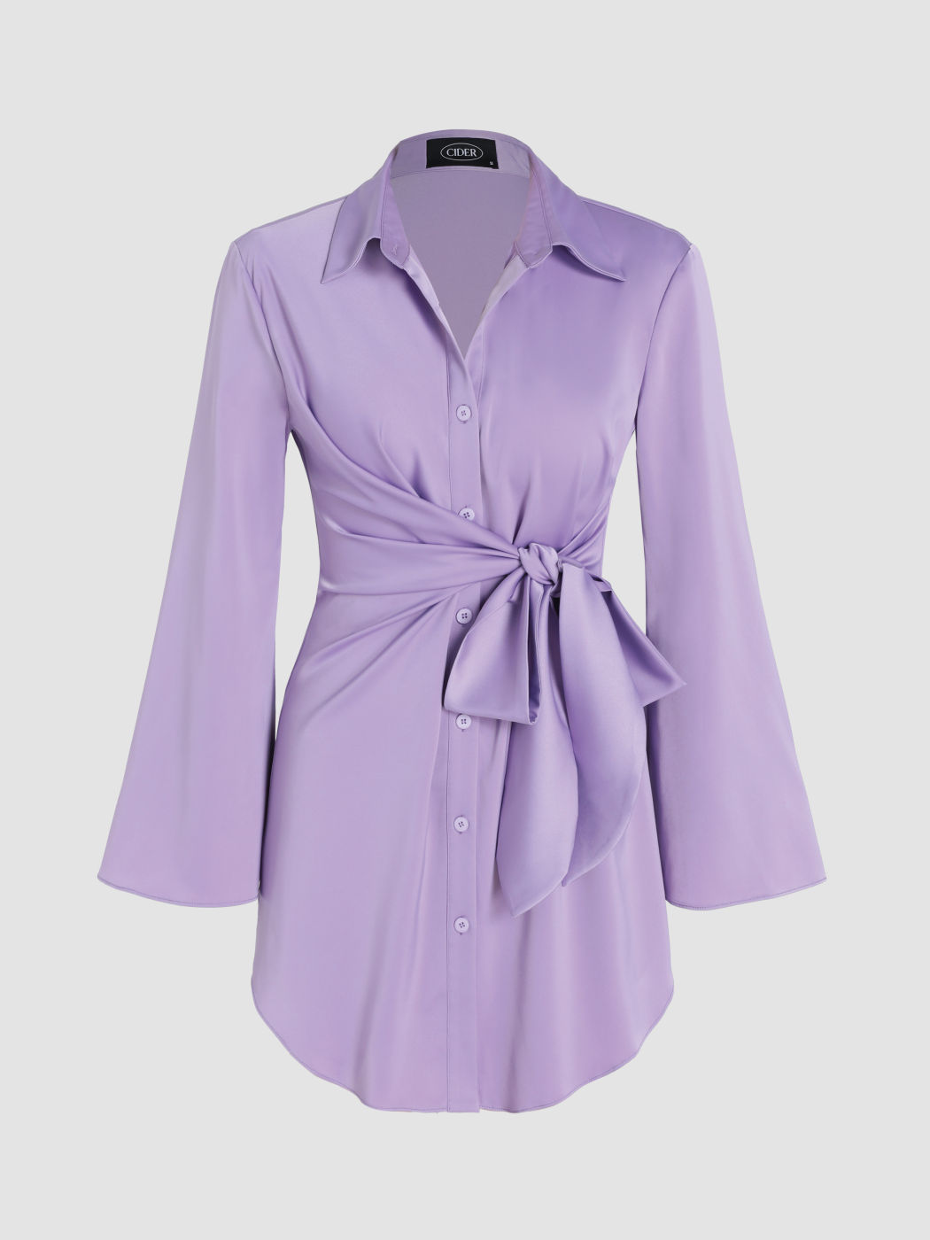 Solid Bowknot Button Up Long Sleeve Mini Dress