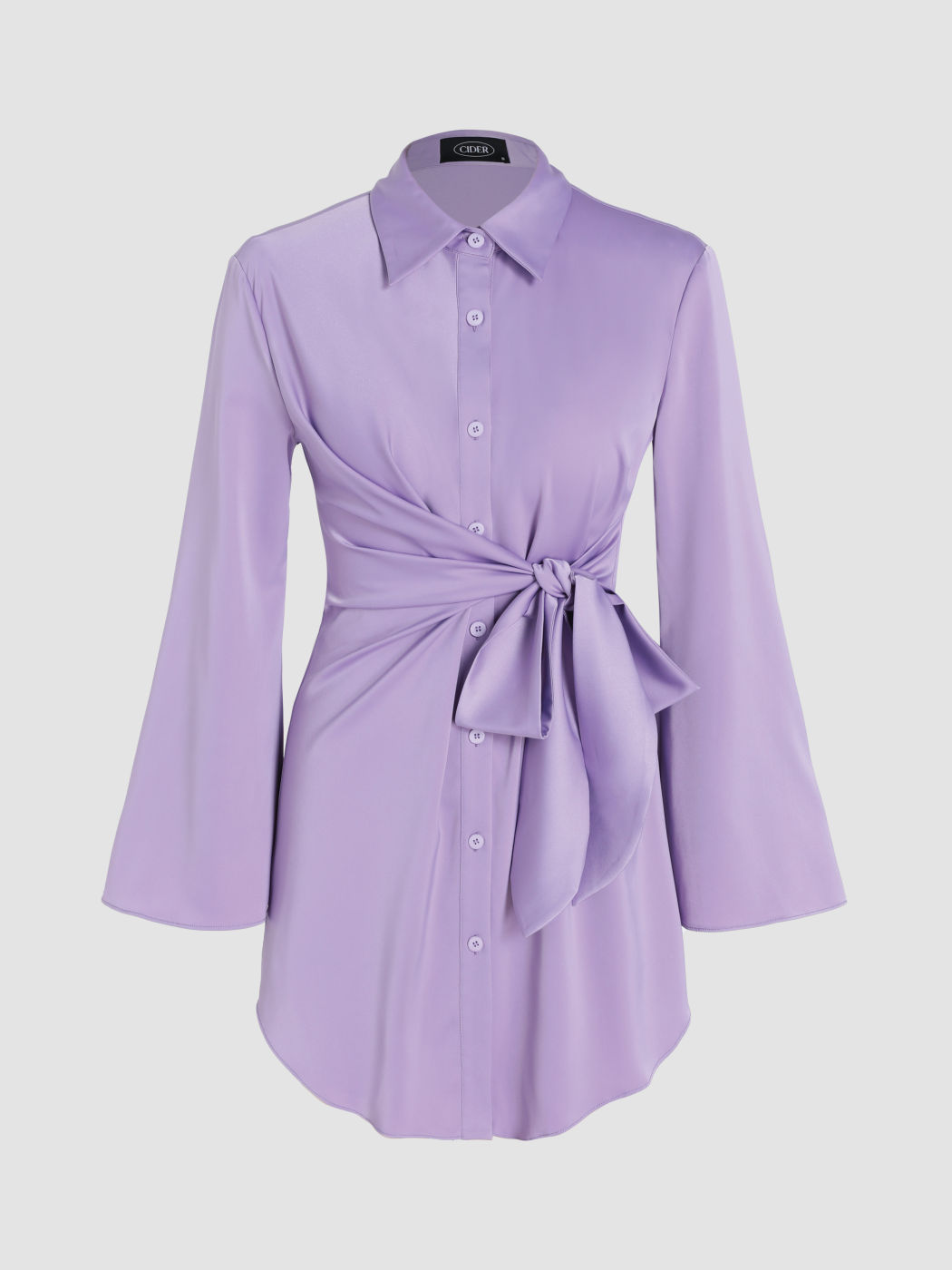 Solid Bowknot Button Up Long Sleeve Mini Dress