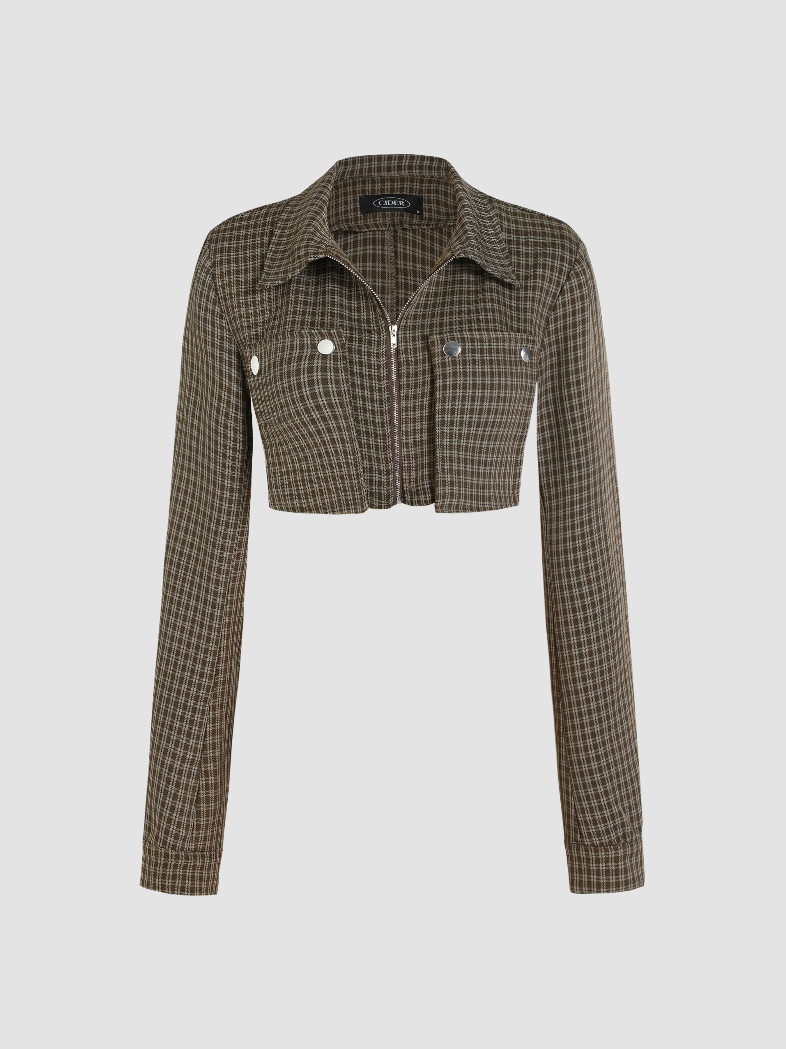 Gingham Zipper Cropped Jacket - Cider