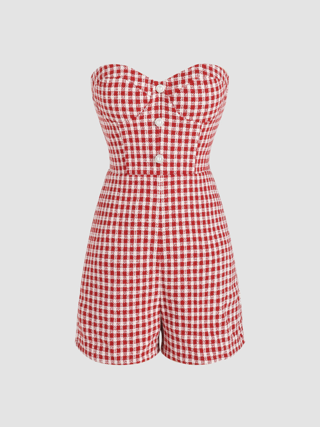 Tweed Gingham Strapless Button Romper For Holiday Outdoor Vacation