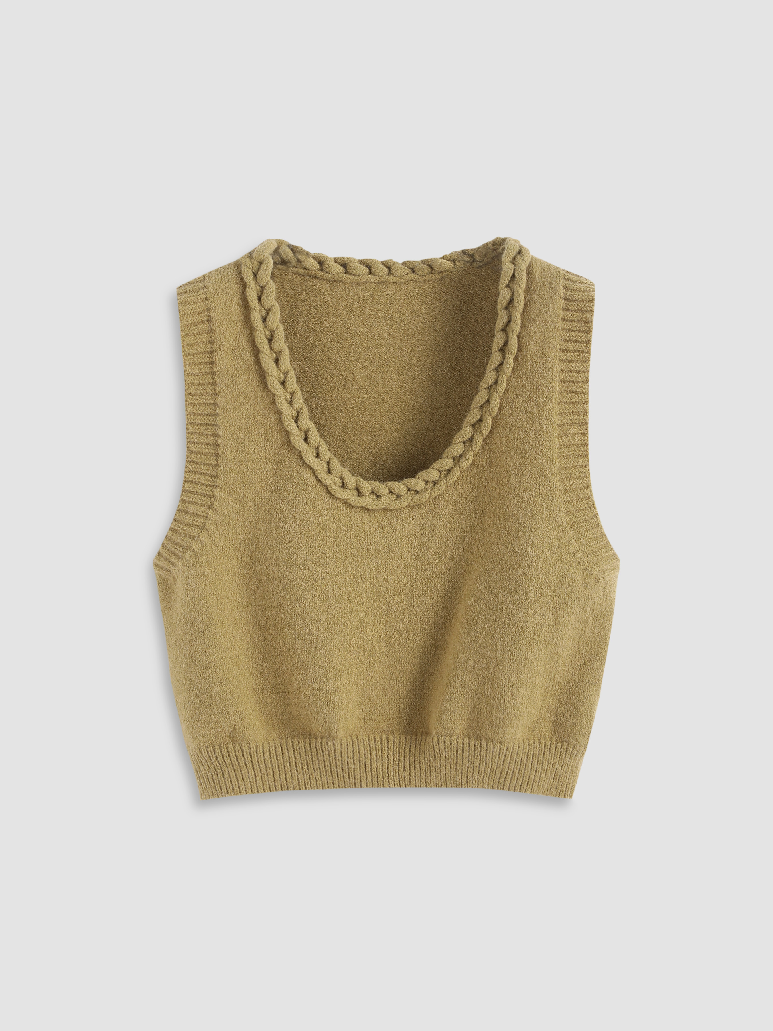 Solid Braided Knit Neckline Knit Top - Cider