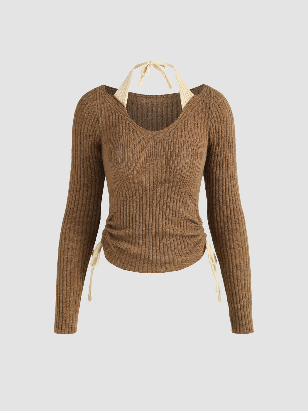 Zweifarbiges Oberteil aus Rippstrick mit Neckholder und Kordelzug
