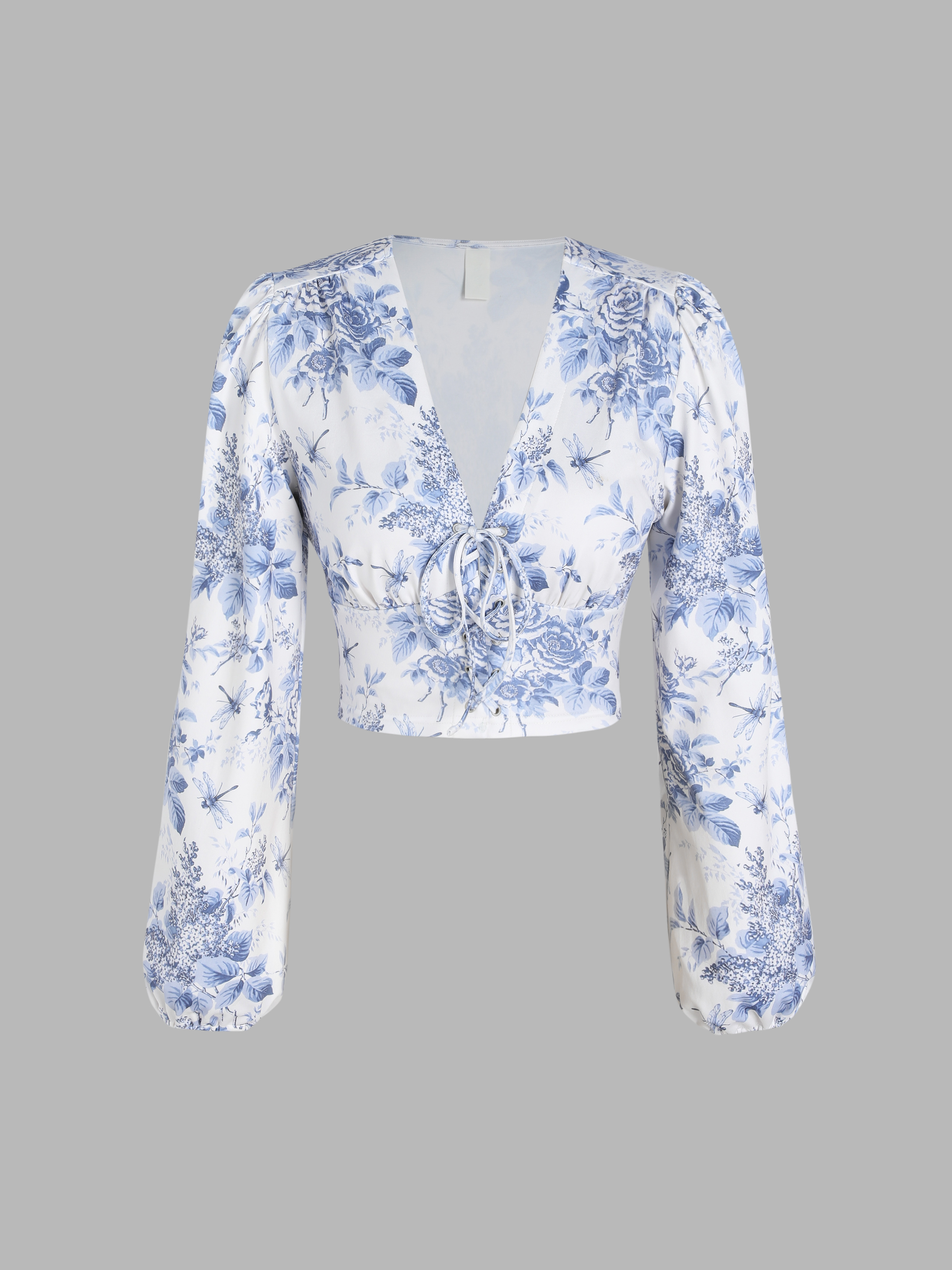 Solid Color 3D Floral Lace-Up Blouse main image 1