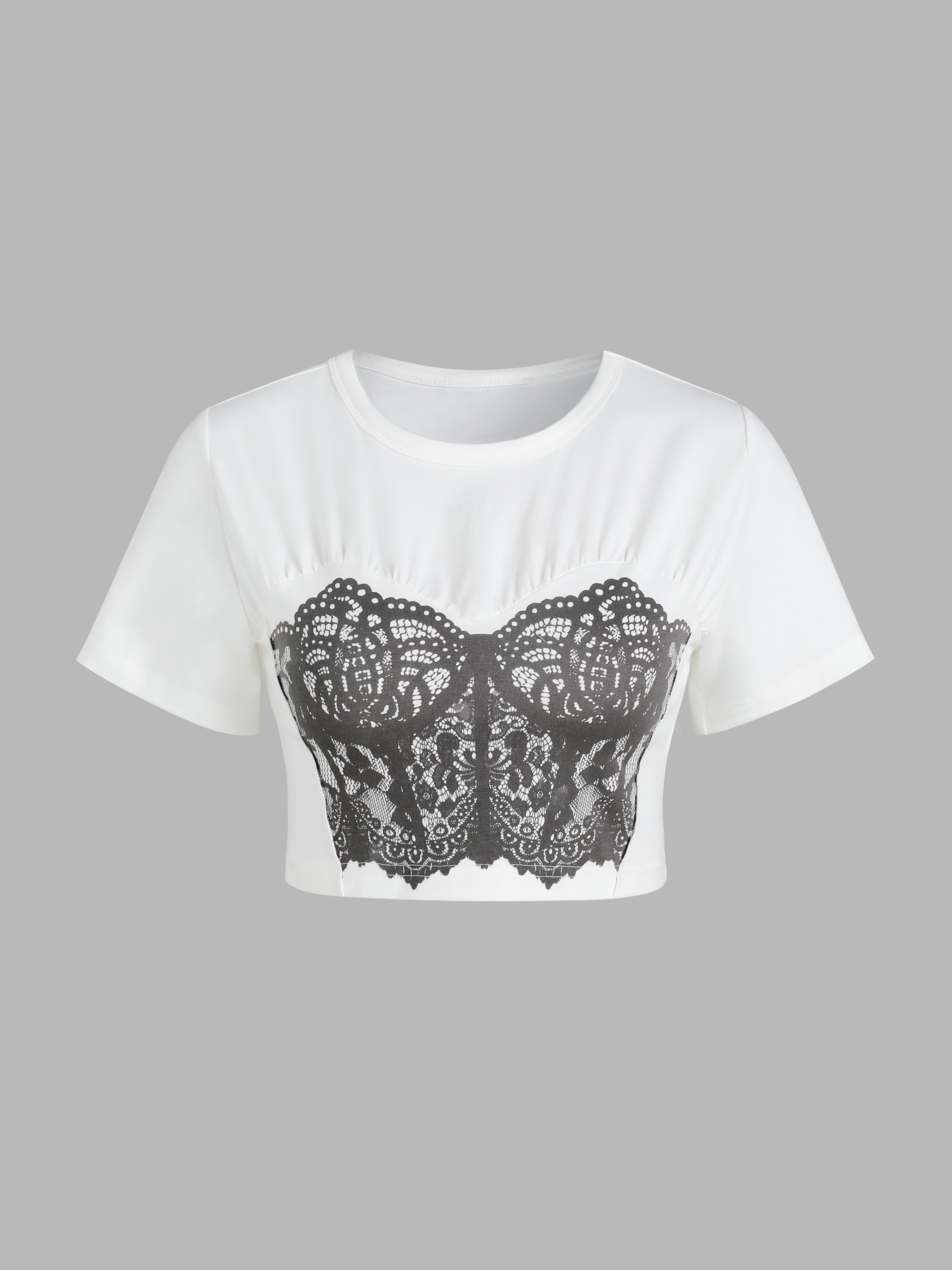 Lace Print Crop Baby Tee For School Daily Casual Music Festival/Live ...