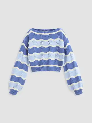 Wave Striped Lantern Sleeve Sweater