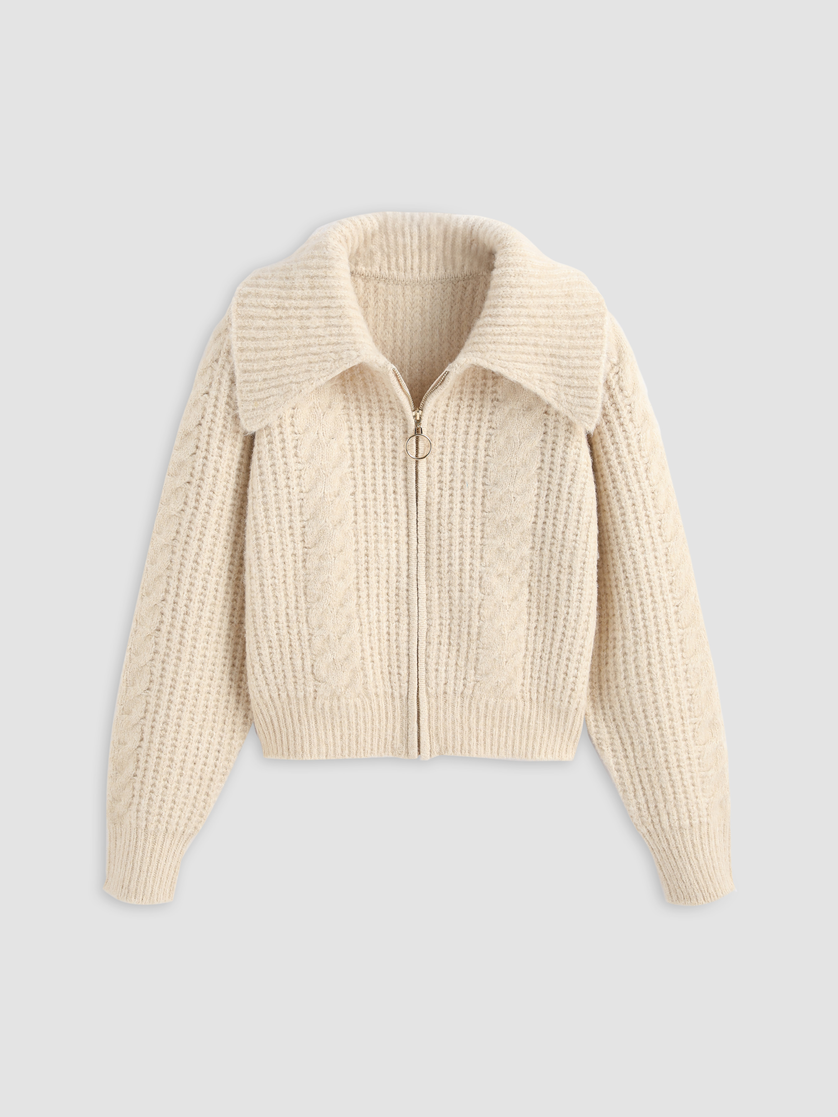 Recycled Wool-blend Fabric Cable Knit Zip Up Cardigan - Cider