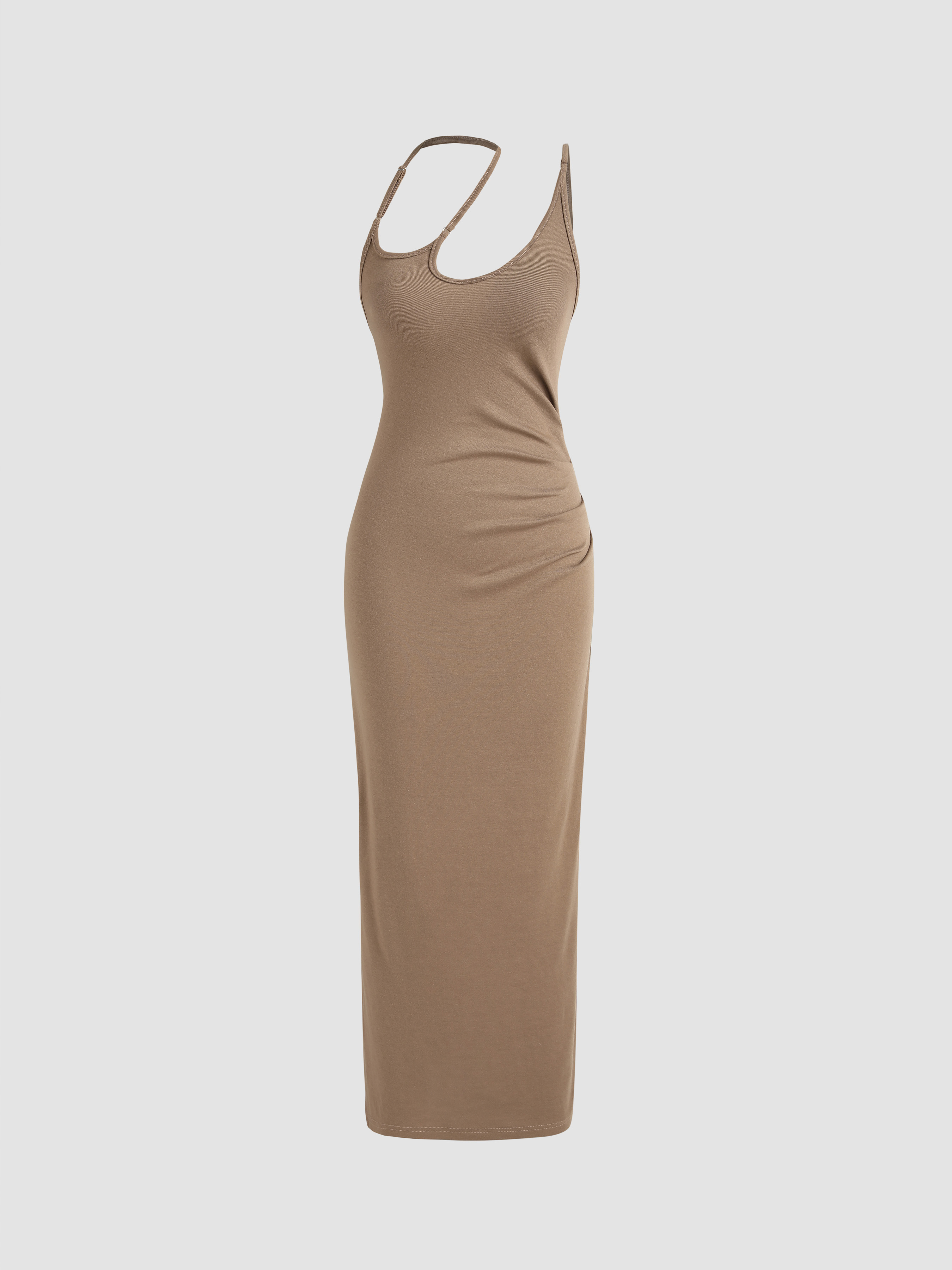 Asymmetrical Neck Ruched Midi Dress Cider