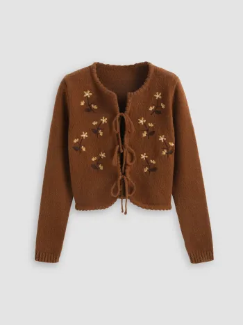 Floral Embroidery Knotted Cardigan