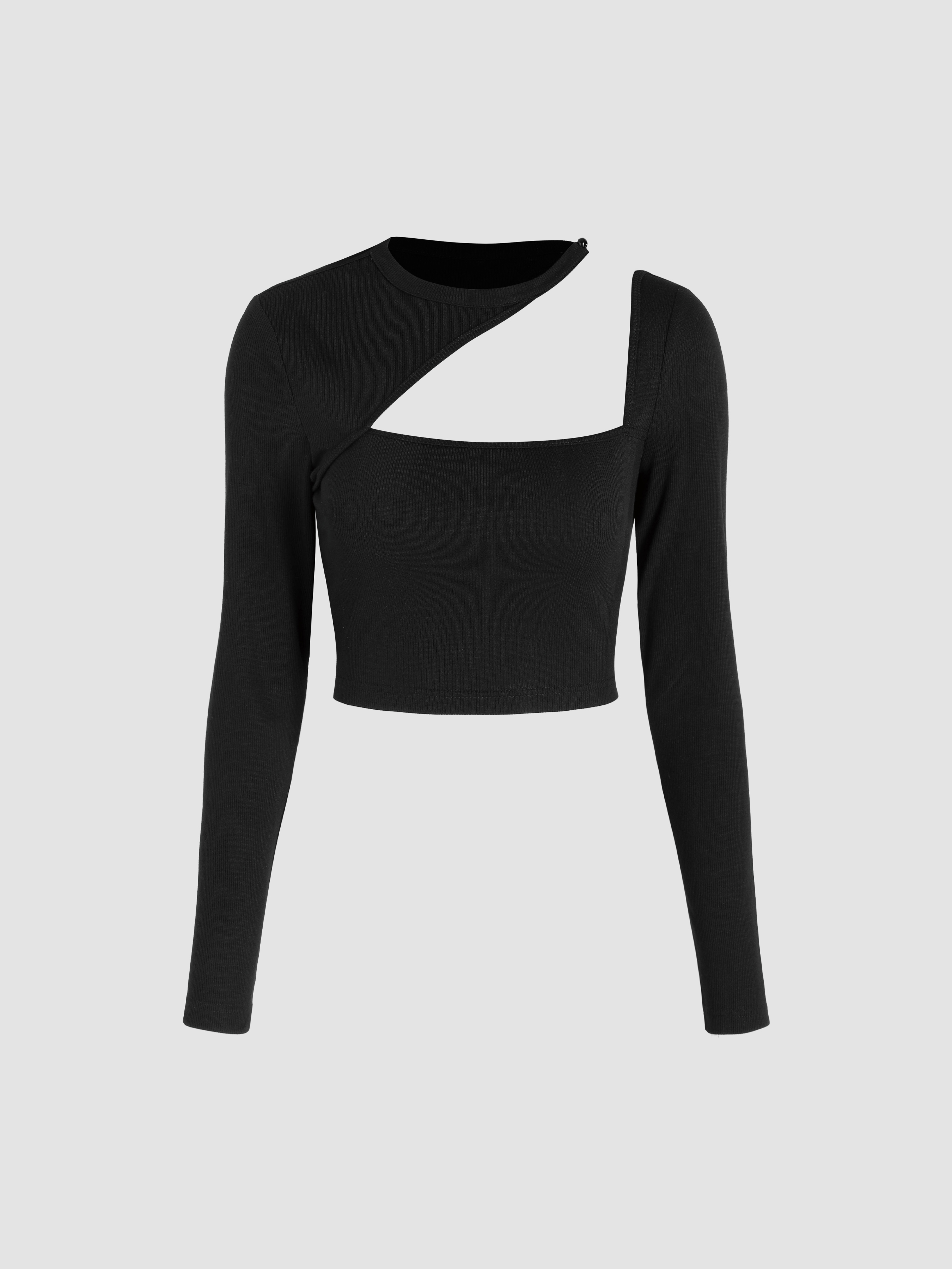 Recycled Fabric Asymmetrical Neck Cut Out Long Sleeve Crop Top - Cider