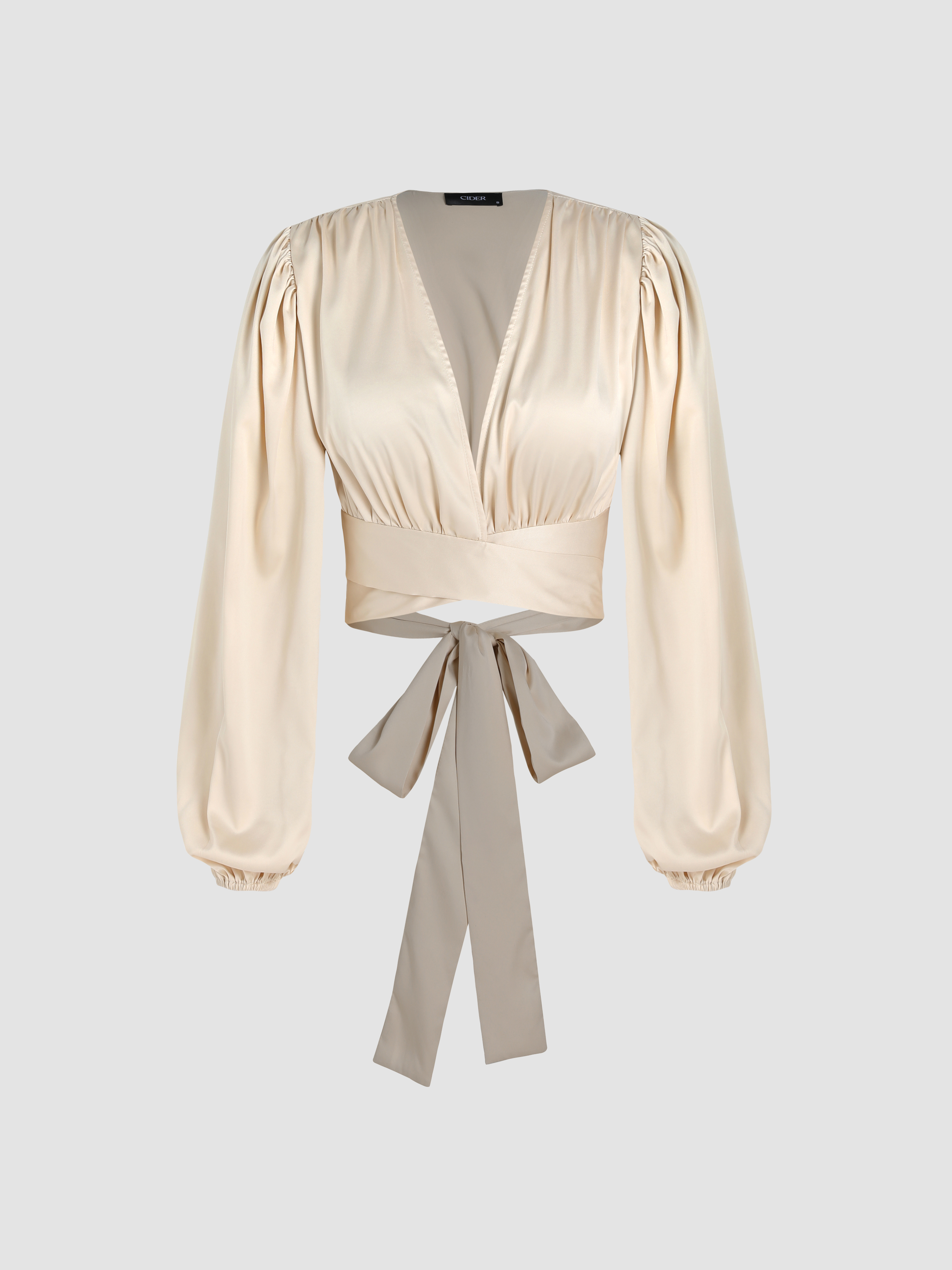 Recycled Fabric Solid Satin Tie Back Crop Blouse - Cider