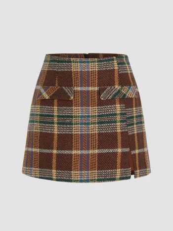 Tweed Tartan Split Mini Skirt