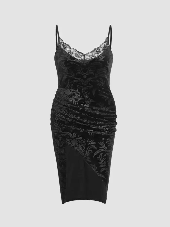 Floral Jacquard Lace Trim Slit Cami Dress Curve & Plus For Date Home Floral Jacquard Lace Trim Slit Cami Dress Curve & Plus For Date Home
