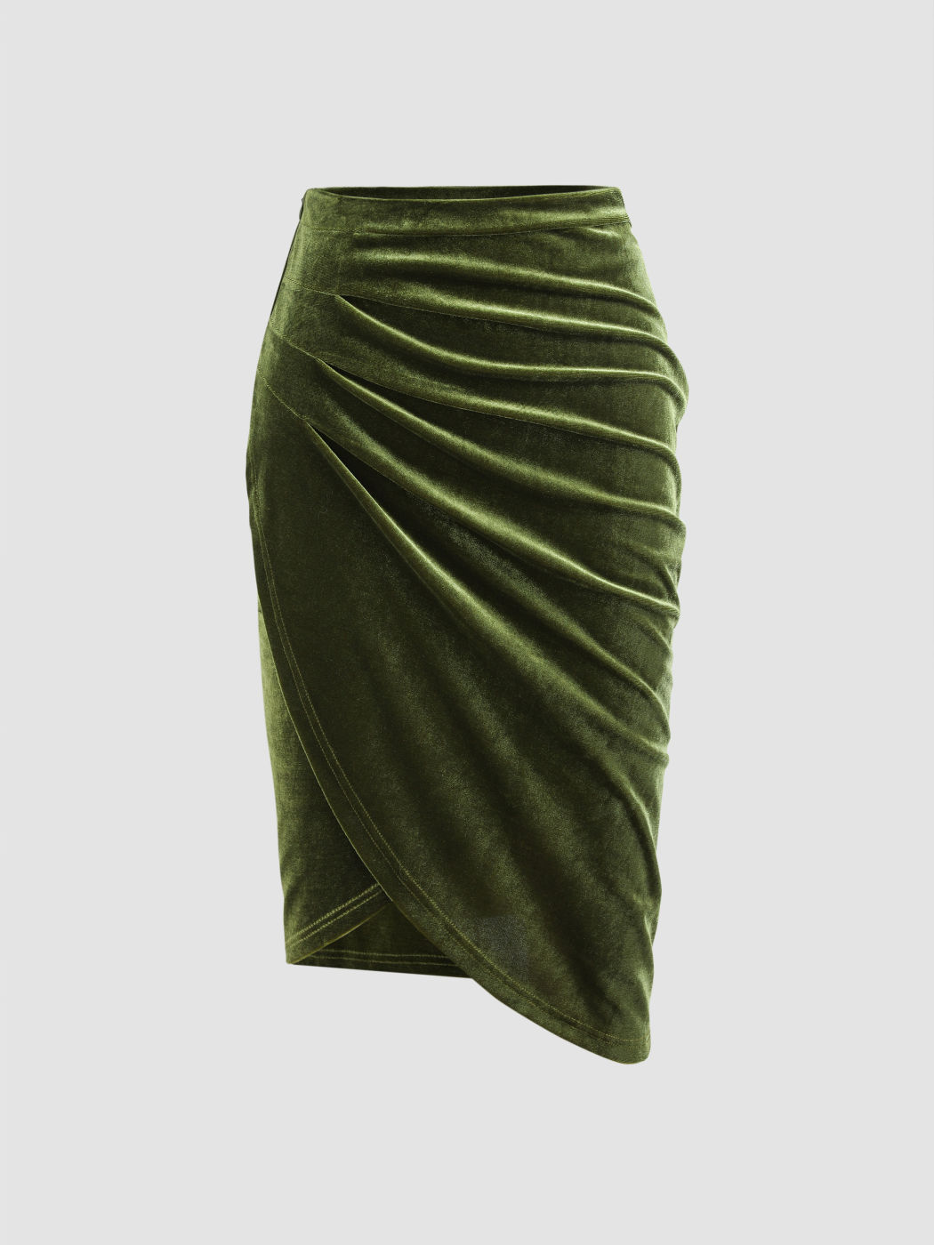 Ruched Velvet Solid Midi Skirt
