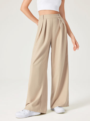 Solid Texture Pleated Wide Leg Trousers - Cider