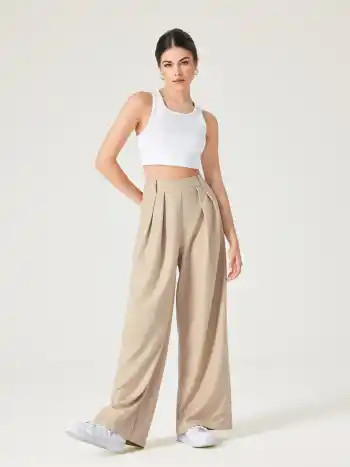 Solid Texture Pleated Wide Leg Trousers