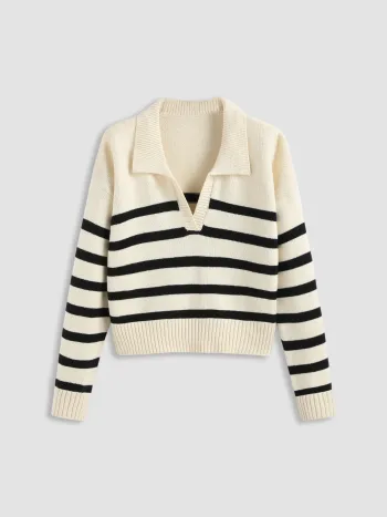 Striped Collar Knit Polo Top